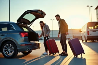 Voyageur avec plusieurs bagages dans un parking de navette