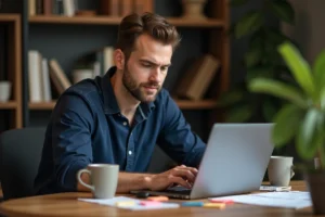 Homme adulte accédant à une adresse fiable de marché en ligne sur son ordinateur portable depuis son bureau à domicile