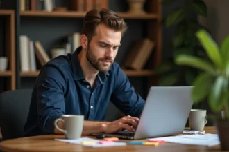 Homme adulte accédant à une adresse fiable de marché en ligne sur son ordinateur portable depuis son bureau à domicile