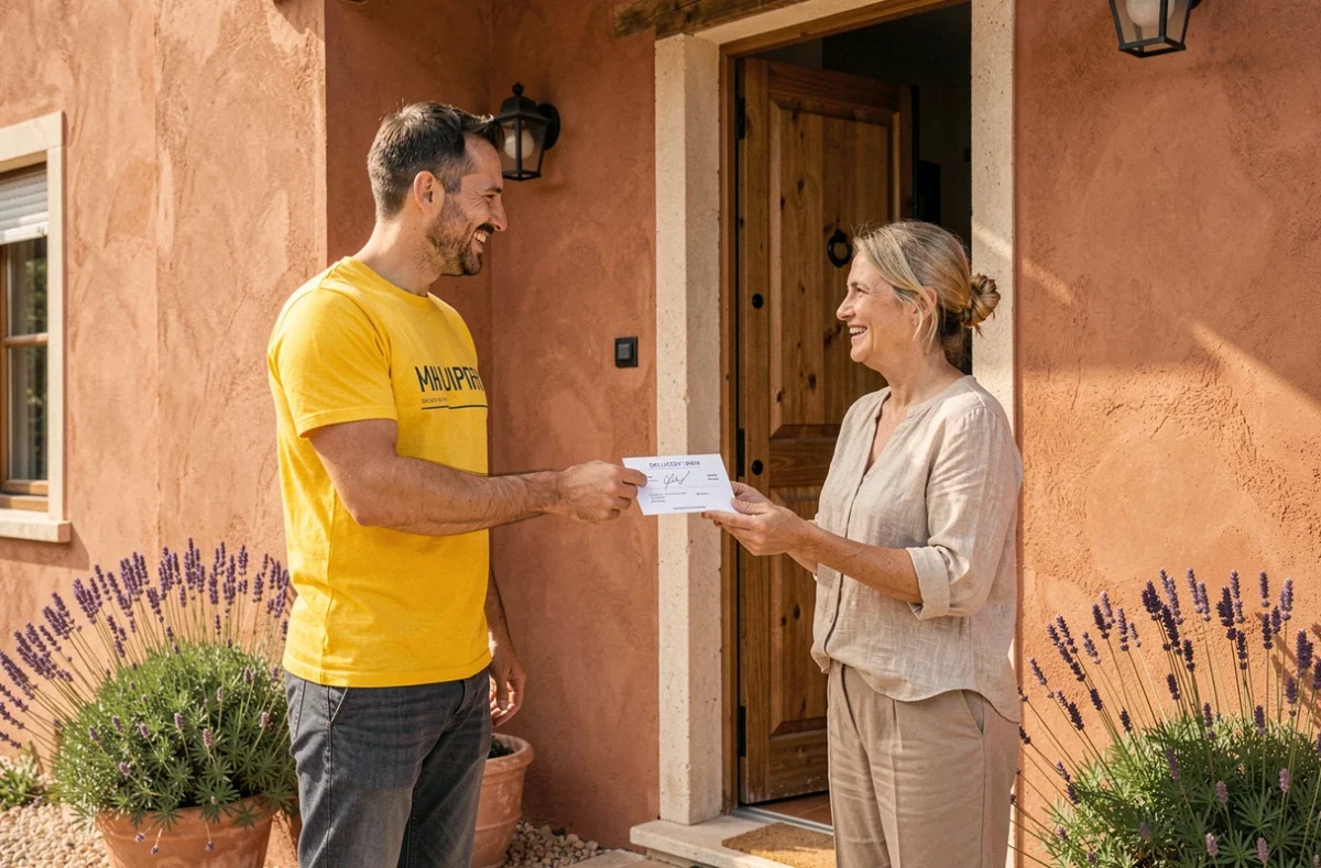 Déménageur d'Act'Yves Déménagement remettant un bon de livraison à une cliente sur le seuil d'une villa provençale