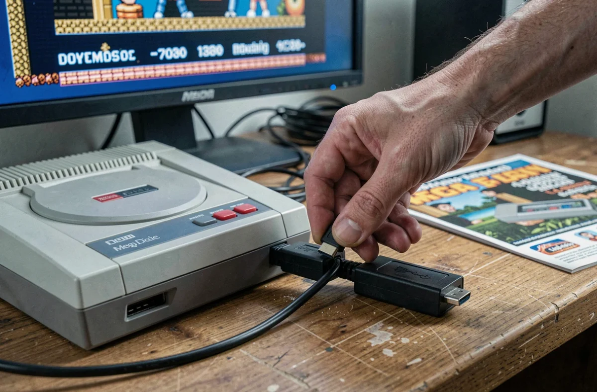 Console rétro connectée via adaptateur HDMI à un écran moderne sur un bureau en bois