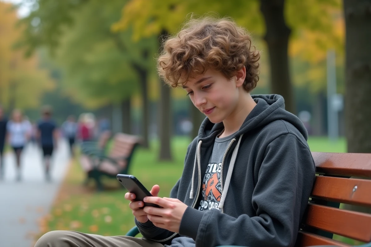 Adolescent assis sur un banc dans un parc urbain en train de lire