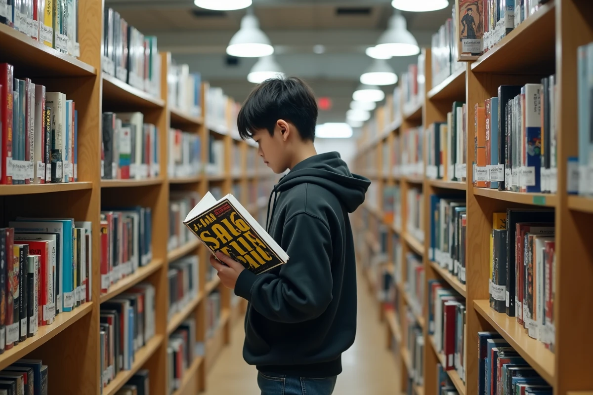 Adolescent lisant un manga dans une bibliothèque