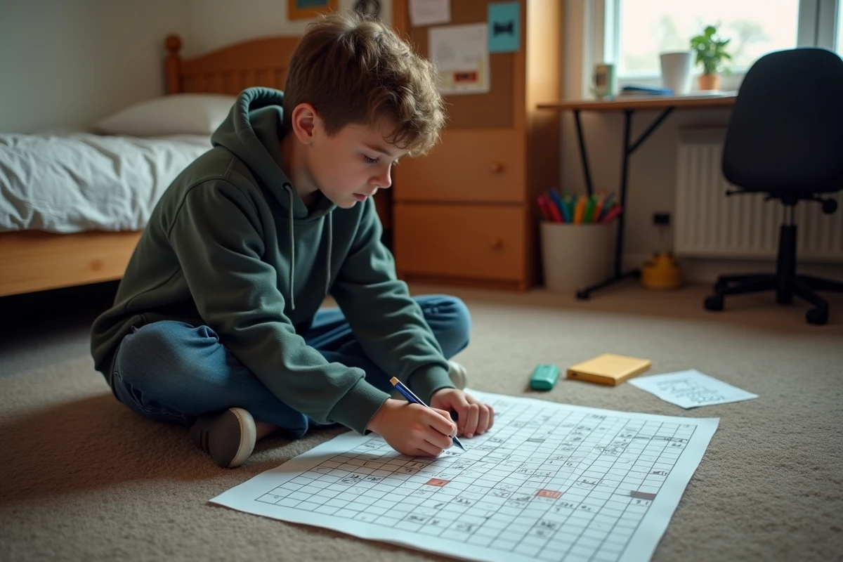Adolescent résolvant une grille sudoku difficile niveau 100 sur le sol de sa chambre avec des notes stratégiques