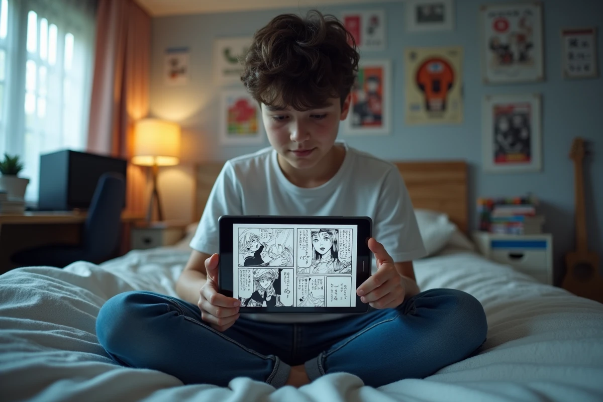 Adolescent lisant des scans de manga sur tablette dans sa chambre, contexte d'utilisation de plateformes de scantrad comme Epsilon