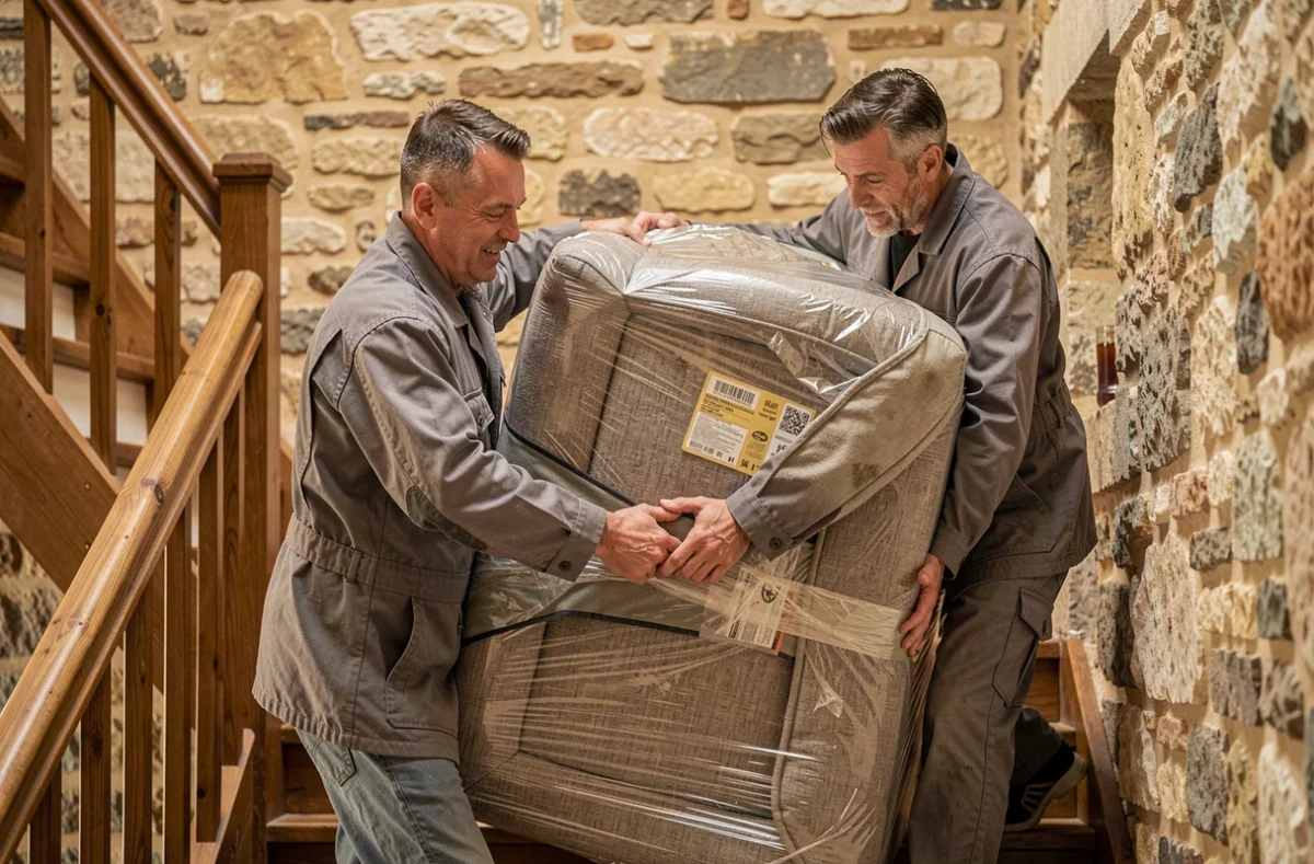 Deux déménageurs d'AG Déménagements manœuvrant un canapé dans l'escalier d'un immeuble provençal