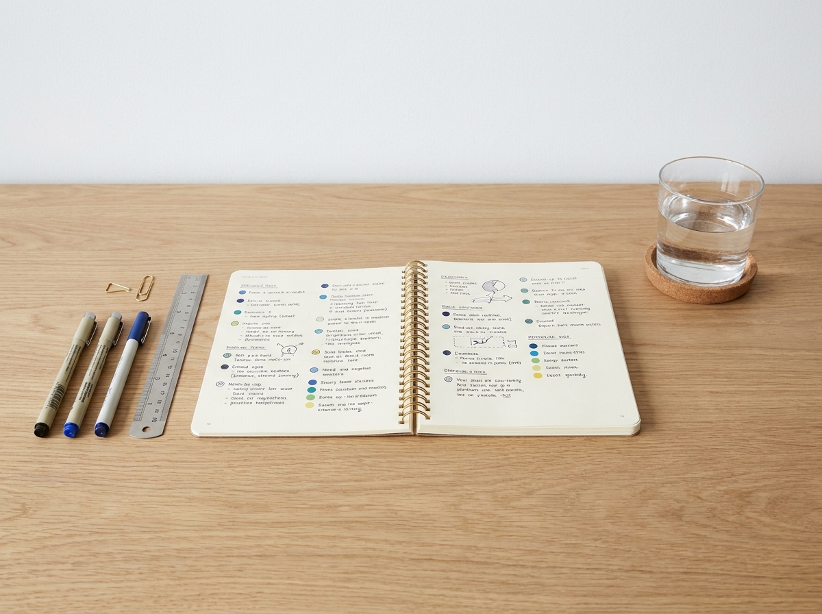 Vue de dessus d'un agenda ouvert entouré de stylos et d'accessoires de bureau sur un bureau en bois clair
