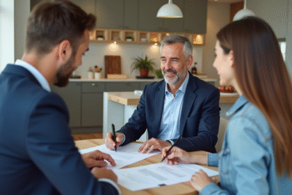 Agent immobilier souriant avec un couple dans une cuisine moderne