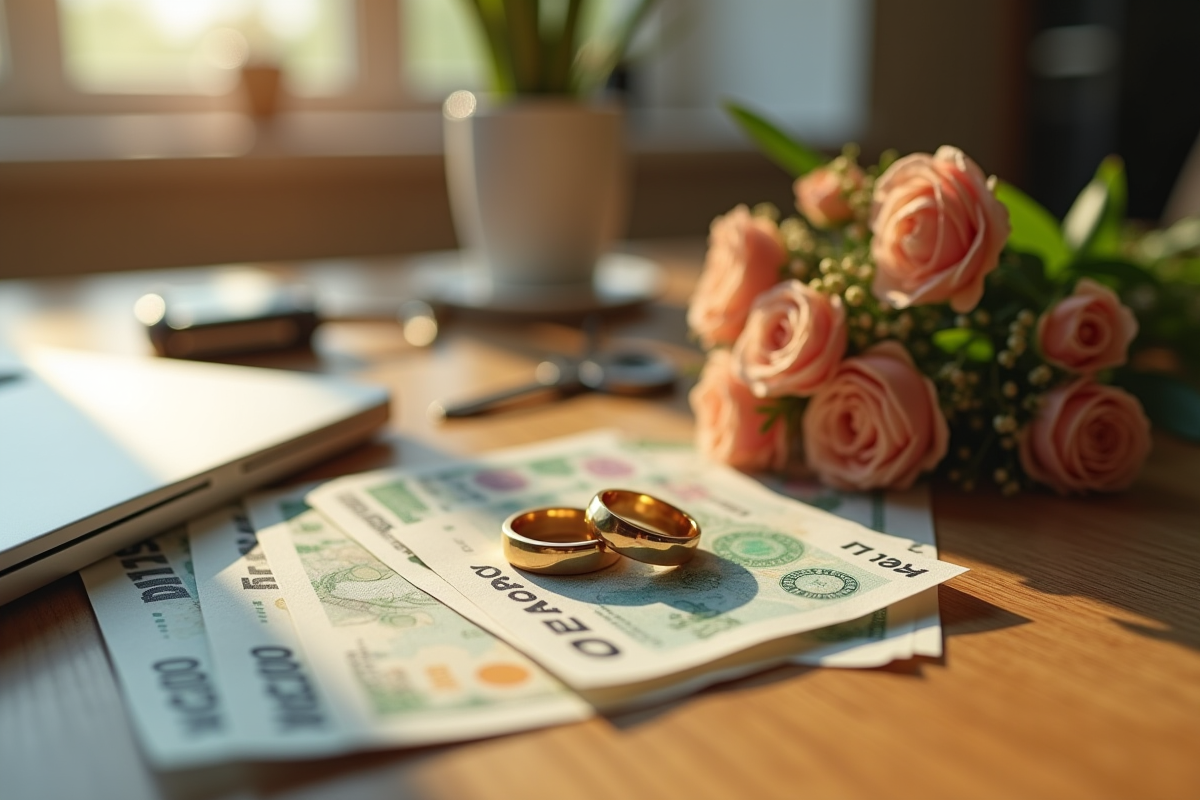 Alliances de mariage posées sur une table en bois avec objets quotidiens