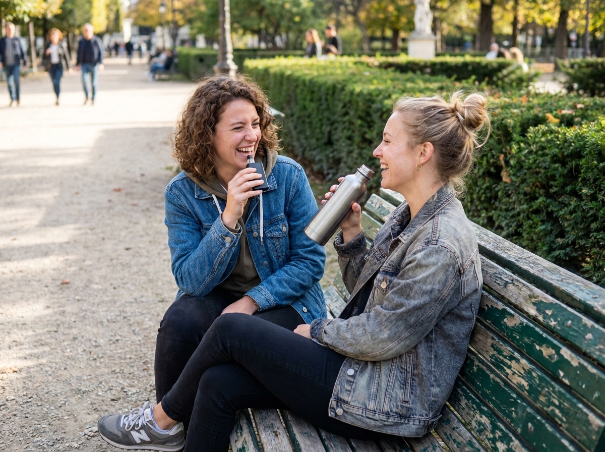 Deux amies assises sur un banc de parc, l'une utilisant une puff en riant, représentant une approche détendue et sociale de la réduction du tabac