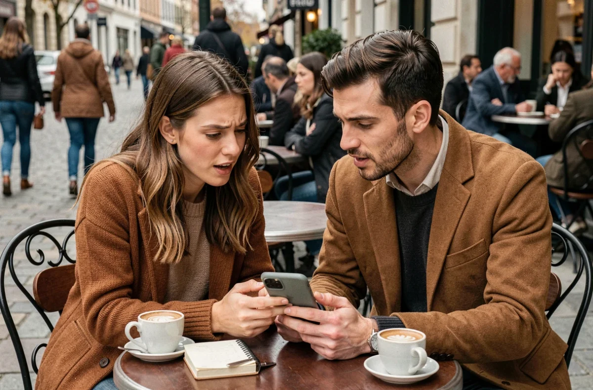 Deux amis comparant ensemble des sites de rencontres comme Tarenoi sur smartphone à la terrasse d'un café en ville