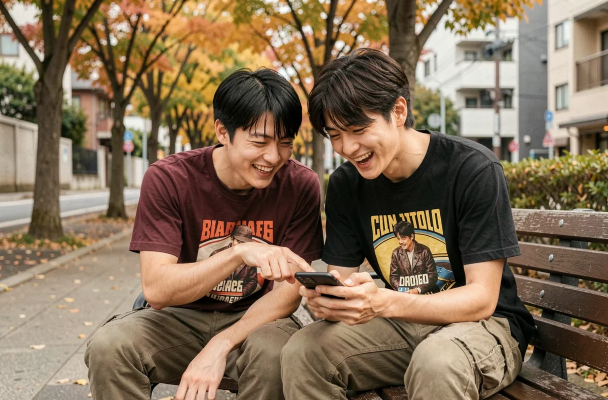 Deux amis lisant un scan manga en version française sur smartphone dans un parc urbain japonais en automne