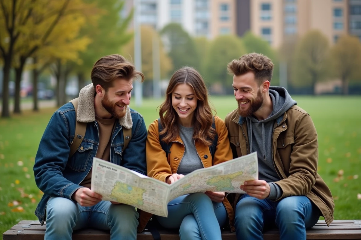 Trois amis discutant de cartes de randonnée en parc urbain
