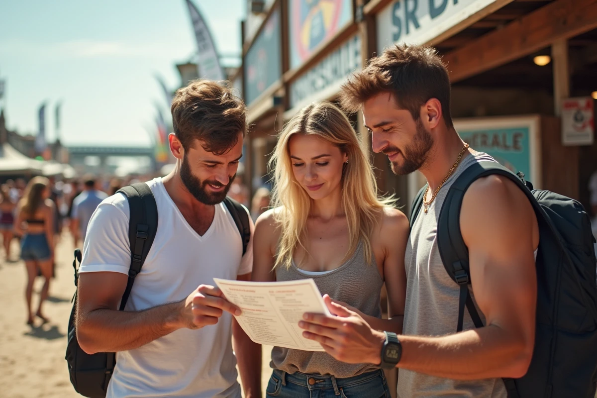 Groupe d'amis consultant le planning et les tarifs du festival des Vieilles Charrues devant un stand d'information