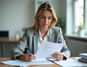 Femme en bureau analysant un questionnaire client avec des formulations verbatim sur papier imprimé