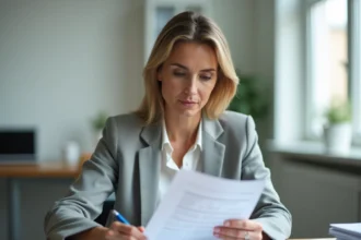 Femme en bureau analysant un questionnaire client avec des formulations verbatim sur papier imprimé