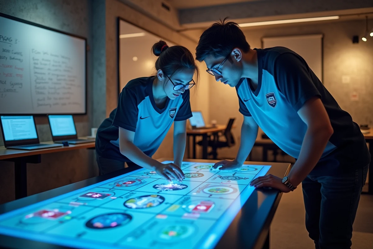 Deux analystes esports étudiant une tier list TFT sur une table tactile pour préparer une line-up de tournoi 2026