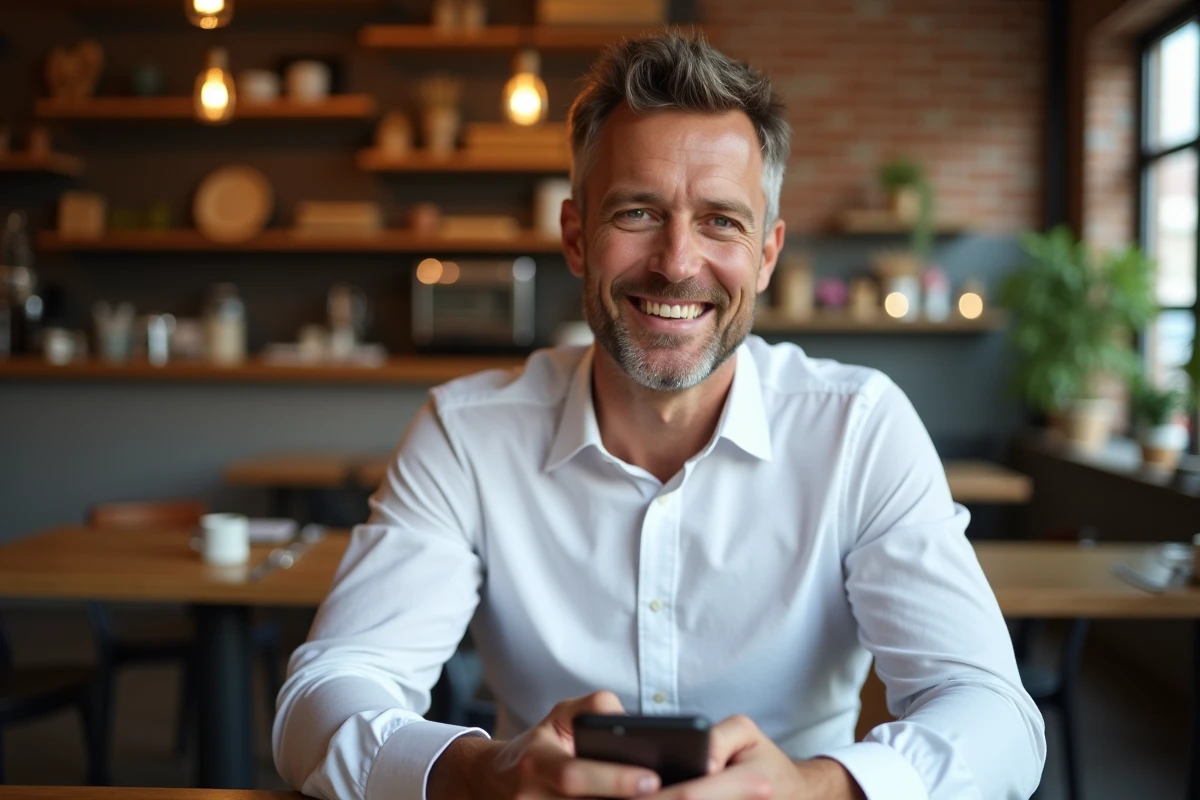Animateur de télévision consultant son smartphone dans un café urbain moderne à l'ambiance décontractée