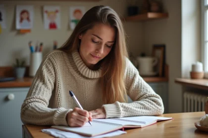 Assistante maternelle écrivant dans un carnet à la maison