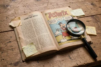 Exemplaire usé de la bande dessinée Astérix ouvert sur une table en bois avec loupe et annotations manuscrites