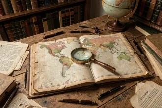 Atlas géographique vintage ouvert sur un bureau en chêne avec une loupe posée sur une carte marquée d'un point d'interrogation manuscrit, évoquant une capitale mystérieuse absente des listes de pays