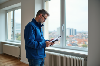 Auditeur energie homme en veste bleue dans un salon lumineux