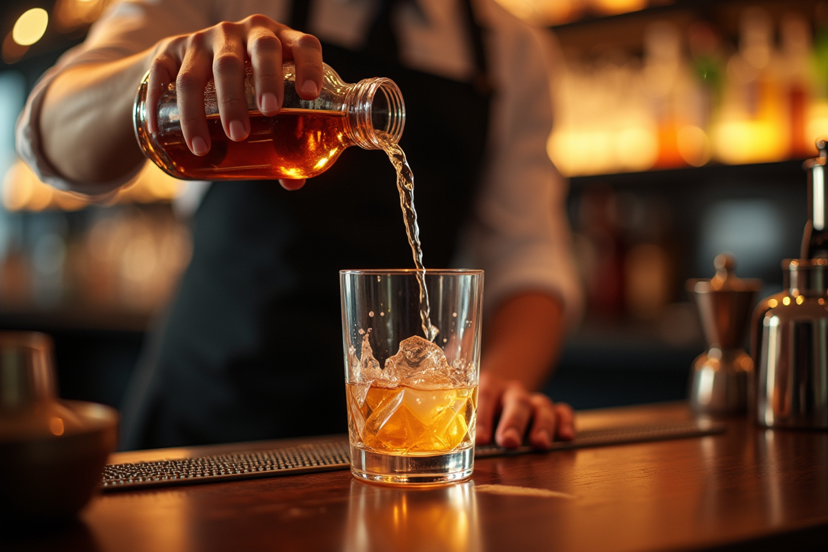 Bar moderne avec main versant un liquide dans un verre de 10 cl