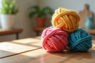 Boules de fil chenille coloriees sur table en bois naturel