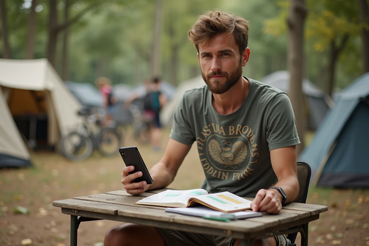 Homme planifiant son budget festival aux Vieilles Charrues avec guide et smartphone à une table de camping