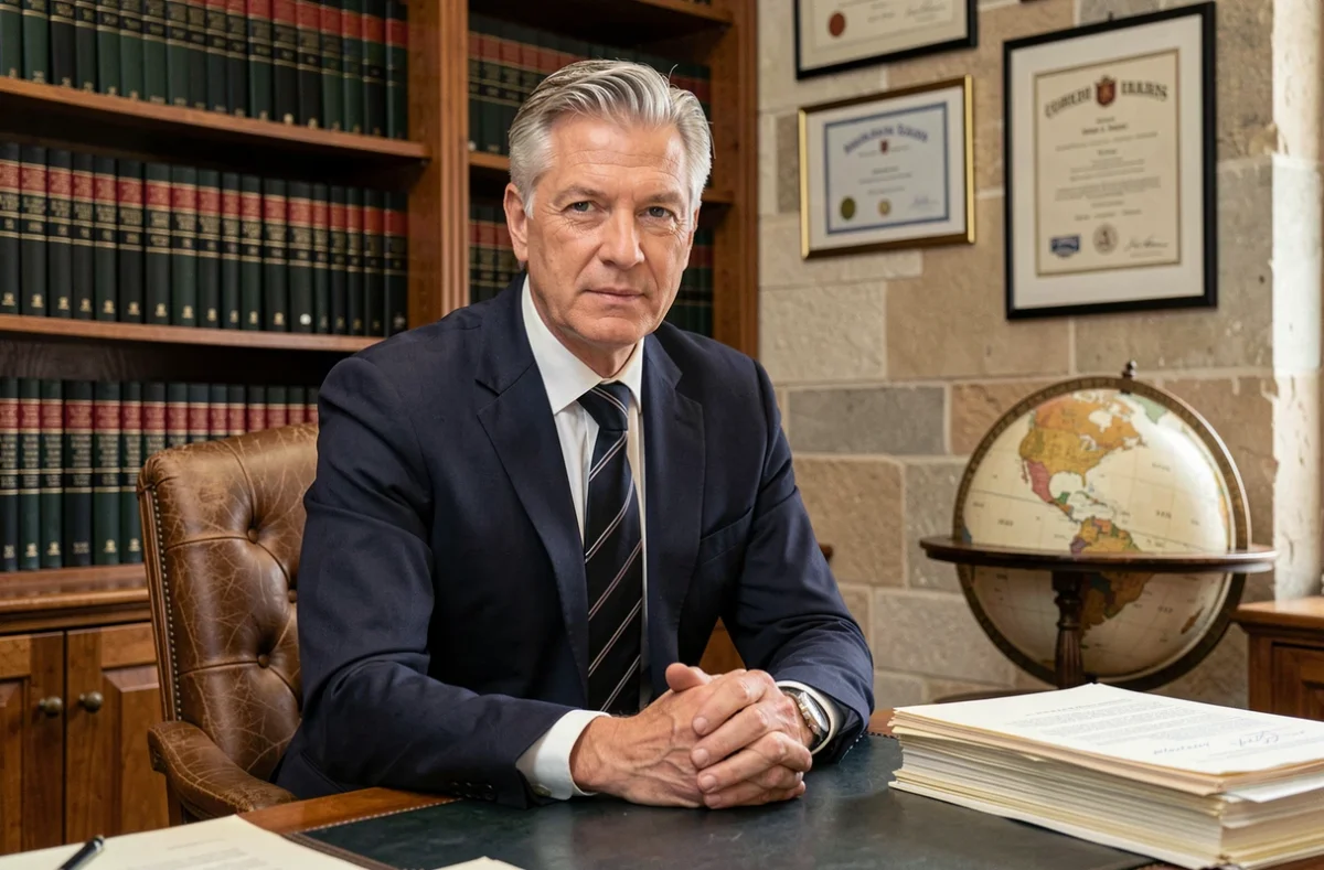 Avocat expérimenté aux cheveux grisonnants assis dans son cabinet traditionnel entouré de livres juridiques et de diplômes encadrés