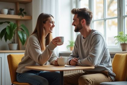 Deux jeunes adultes souriants partageant un café dans un salon scandinave
