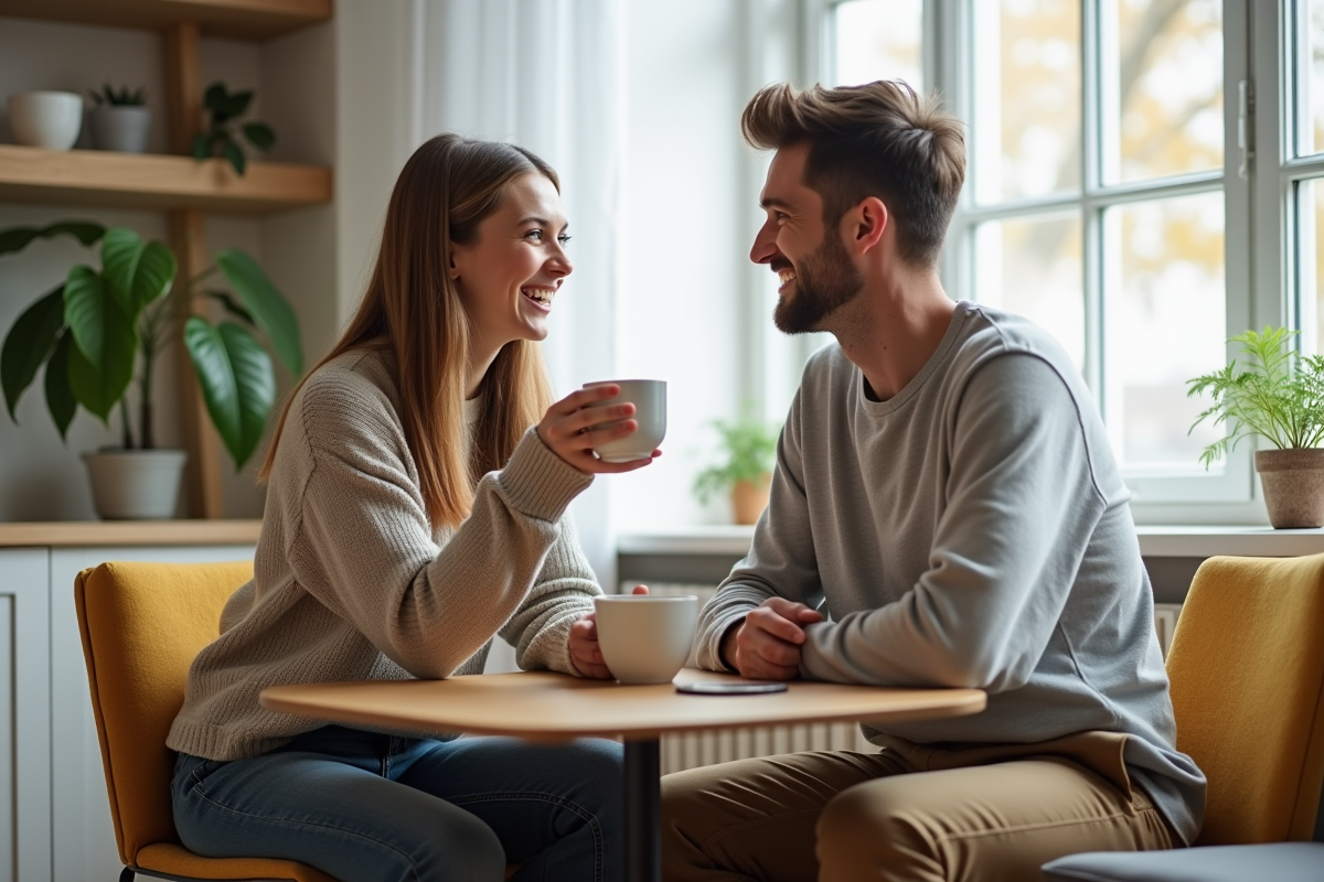 Deux jeunes adultes souriants partageant un café dans un salon scandinave