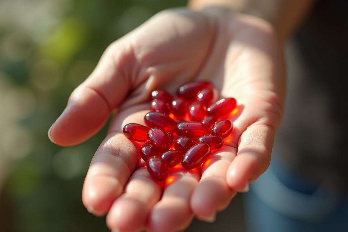 Main tenant des capsules rouges de vitamine B12 en lumière naturelle