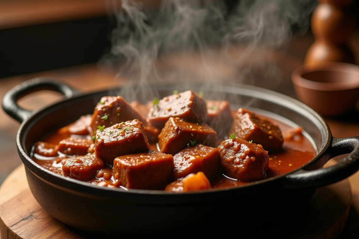 Gros plan sur la carbonade dans une cocotte en fonte