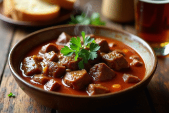 Bol de carbonade avec persil frais et pain artisanal
