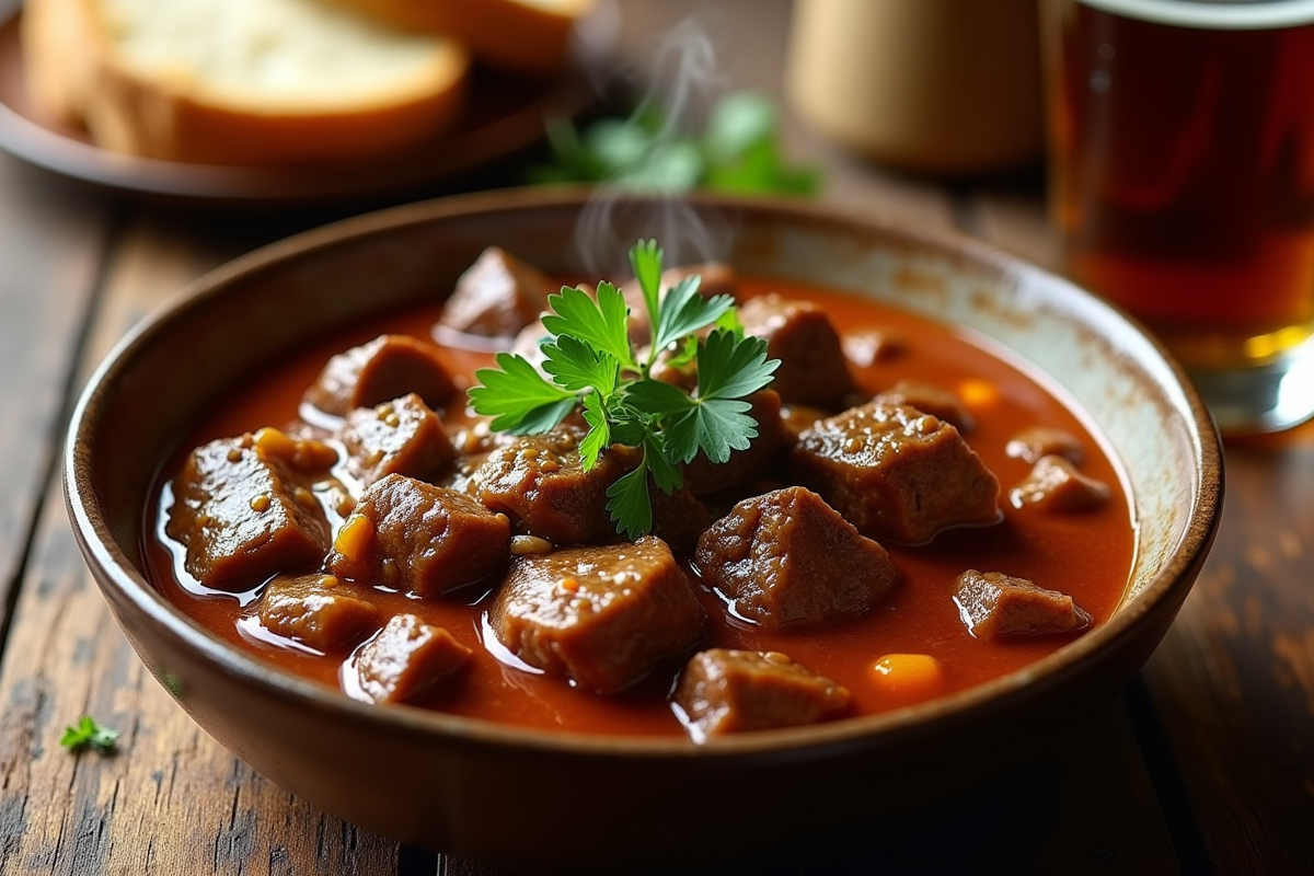 Bol de carbonade avec persil frais et pain artisanal