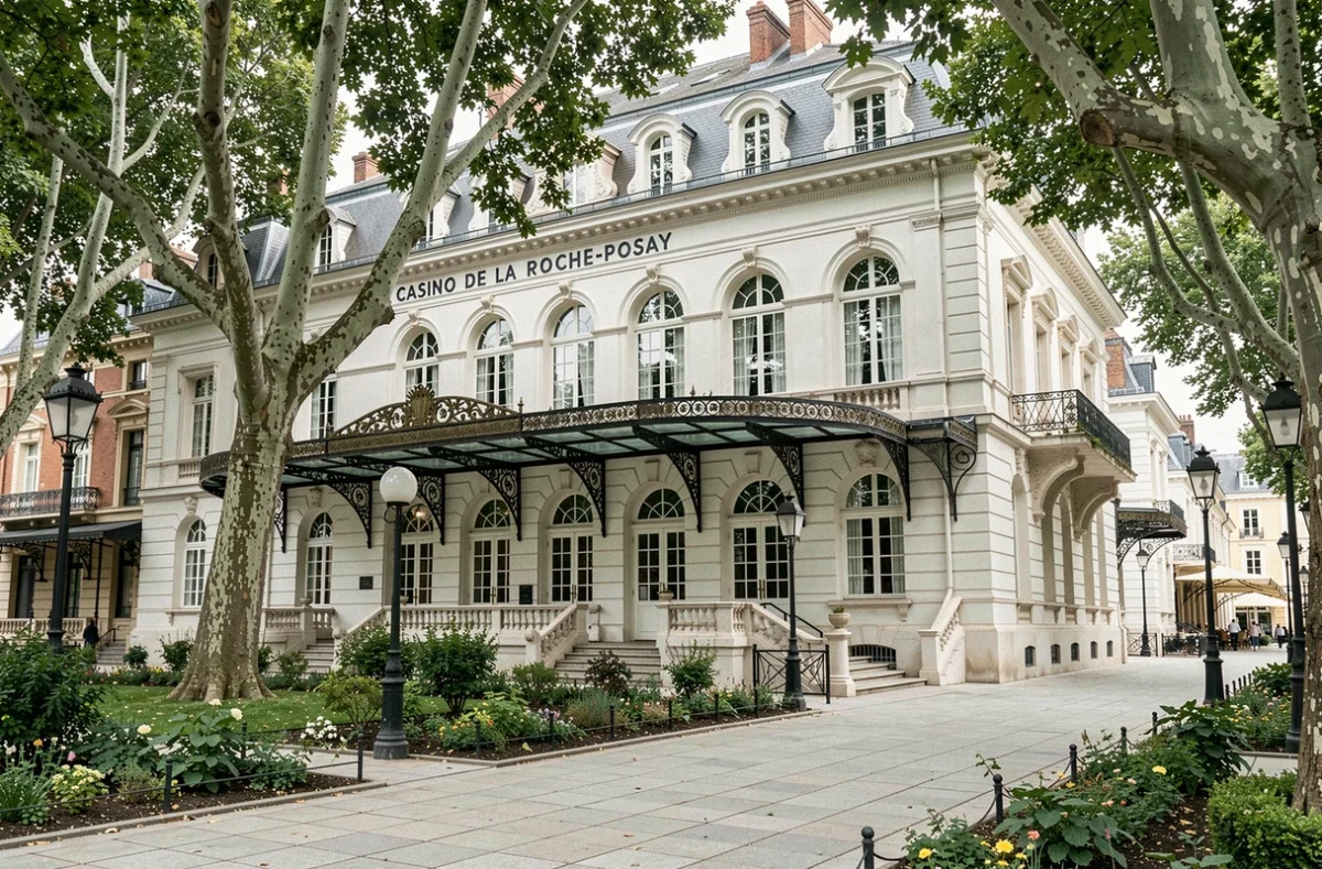 Façade Belle Époque du Casino de La Roche-Posay avec jardin et entrée ornementale