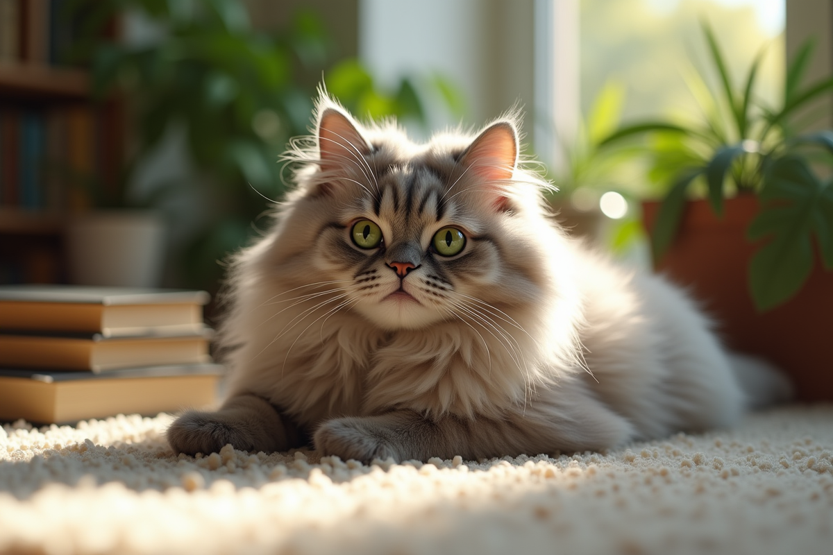 Chat persan chinchilla relaxant dans un salon lumineux