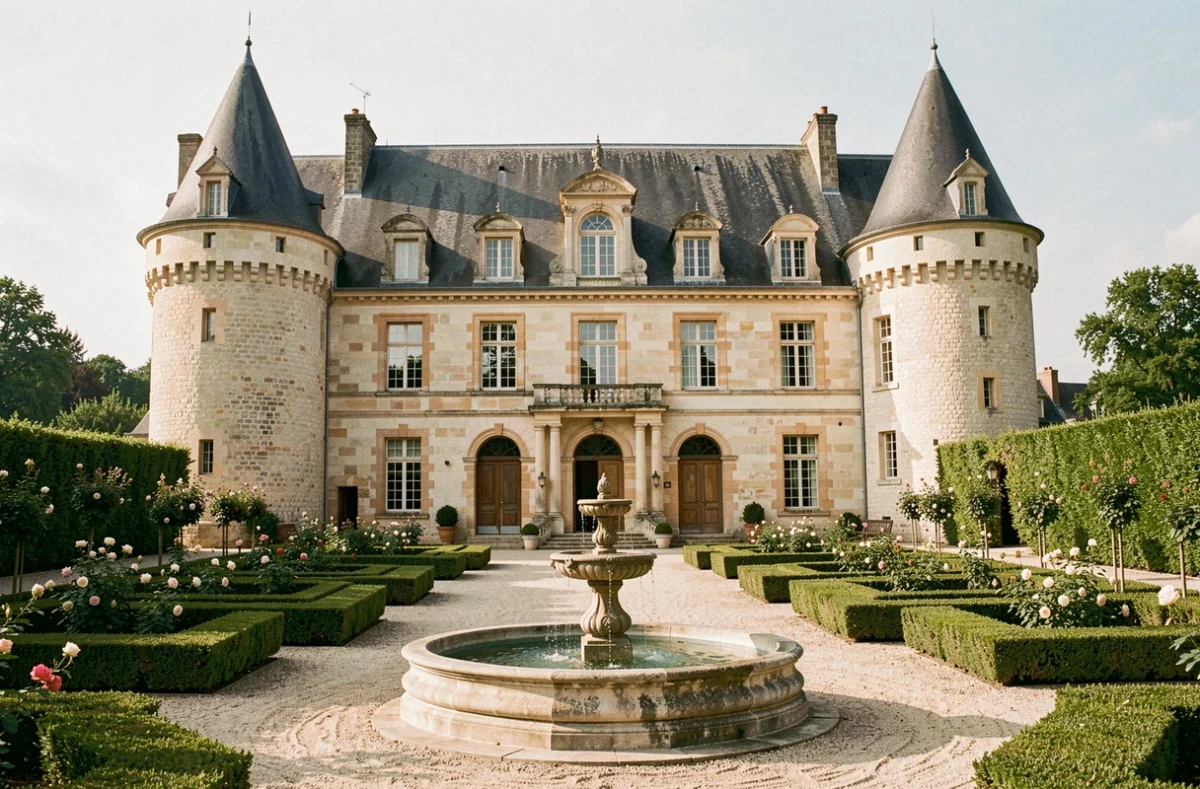 Château des Dauphins à Saint-Loubès avec jardin à la française et tours en pierre