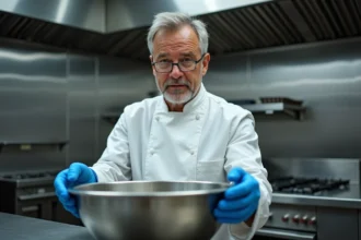 Chef professionnel inspectant un bol en inox alimentaire dans une cuisine commerciale moderne