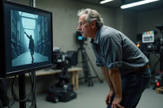 Chef opérateur de cinéma analysant une image de film Marvel sur un moniteur de plateau professionnel