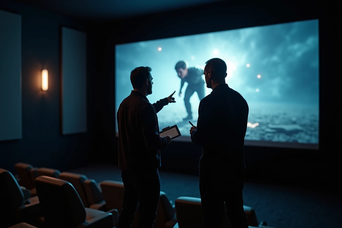Deux chefs opérateurs discutant de la cinématographie Marvel dans une salle de projection professionnelle