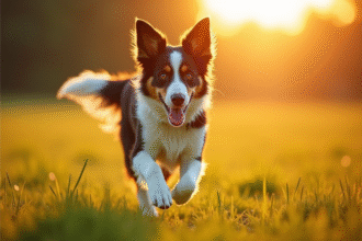 Chien croisé border collie et australian shepherd courant dans un champ ensoleille