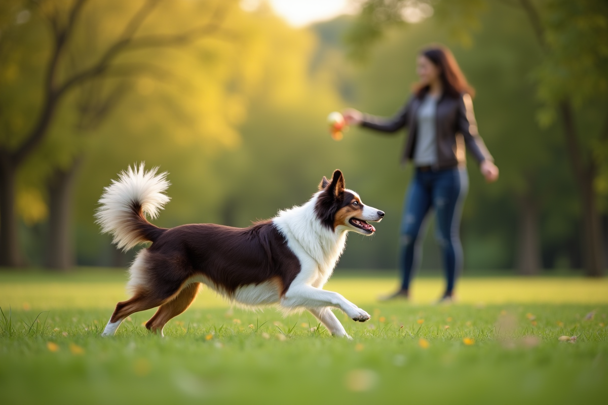 Chien croise australian shepherd jouant à la balle dans un parc urbain