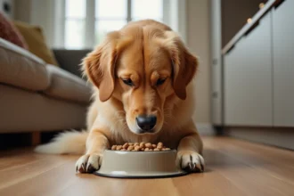 Chien golden retriever assis devant sa gamelle de croquettes sans céréales dans une cuisine domestique