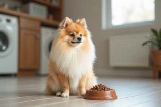 Spitz assis près d’un bol de croquettes saines