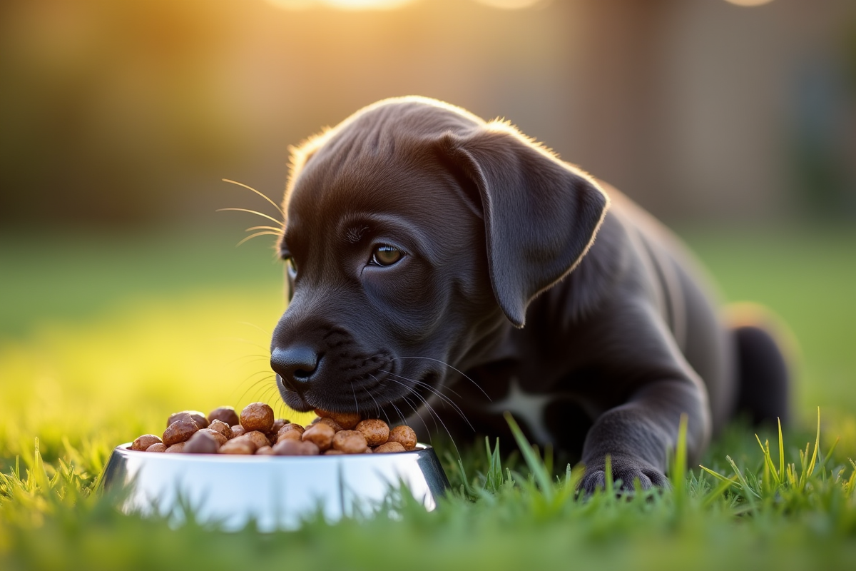 Chiot cane corso mangeant dehors sur l