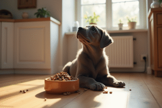 Chiot cane corso dans la cuisine regardant son bol de nourriture