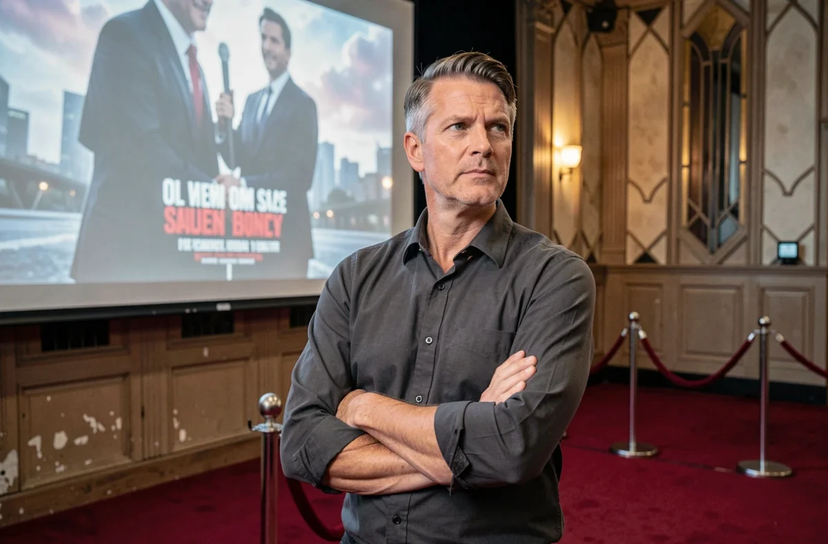Cinéaste debout devant un écran de cinéma dans un lobby historique, évoquant les débats autour de son œuvre