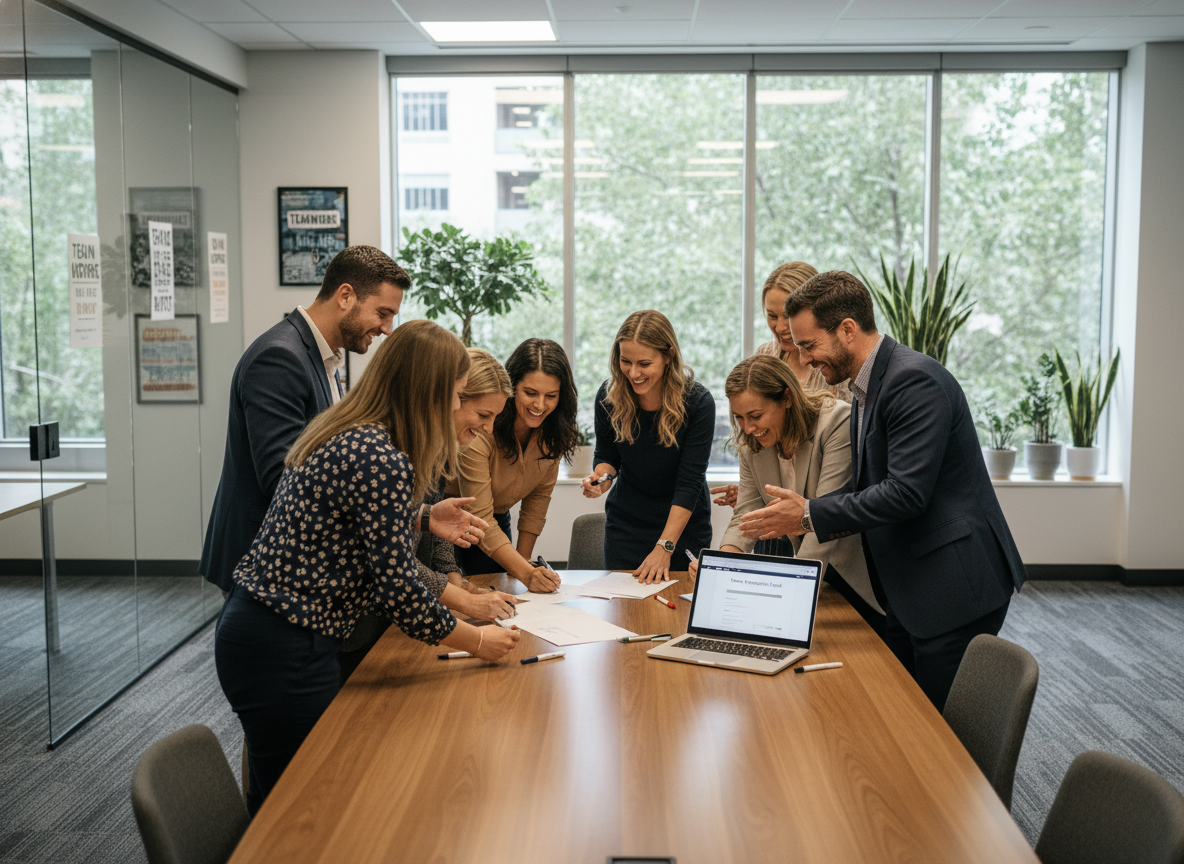 Collègues signant une grande carte dans un bureau moderne